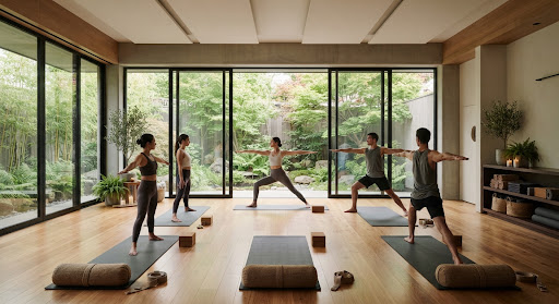 Serene yoga studio with natural light
